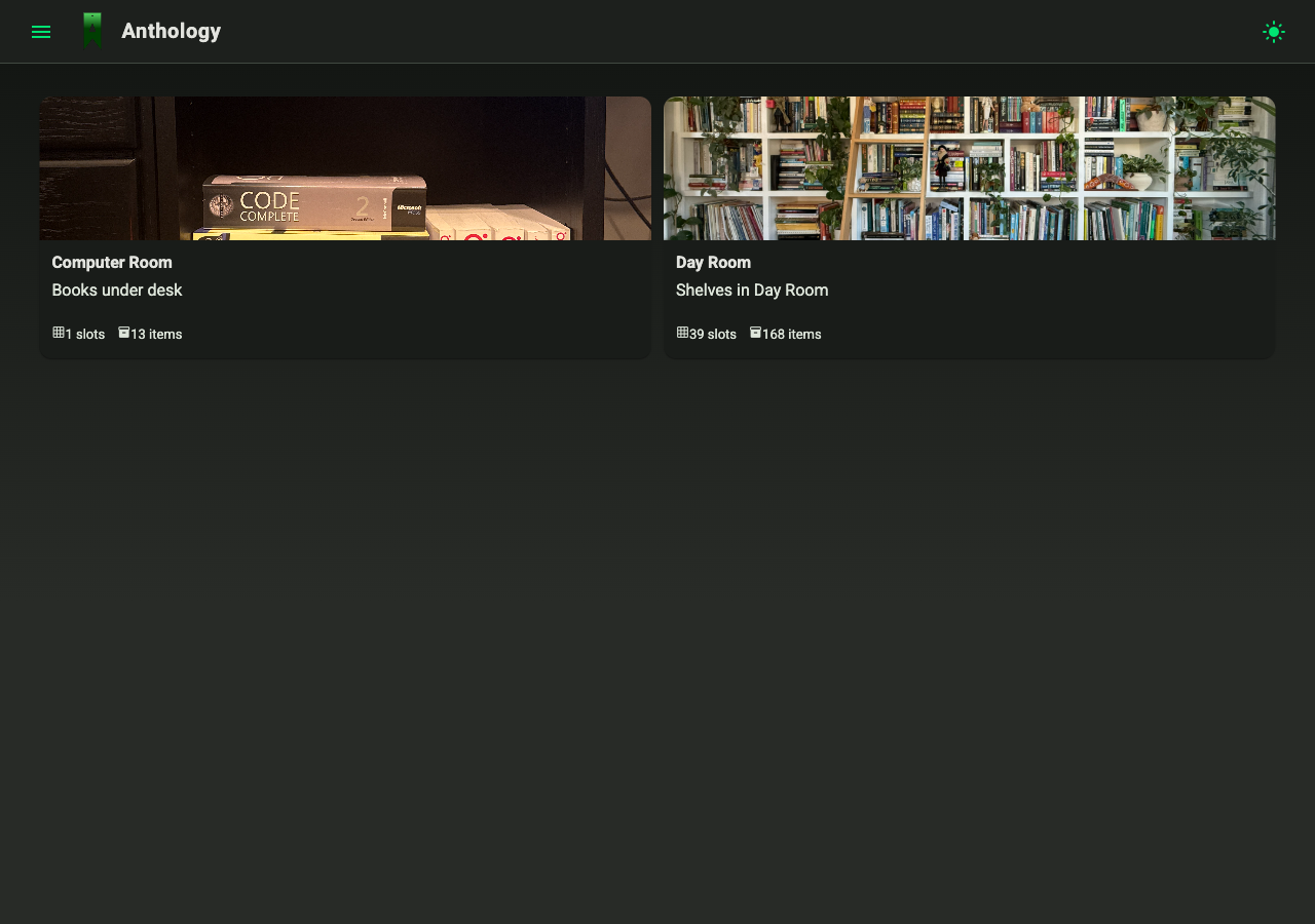 Anthology shelves screen showing storage locations and item counts.