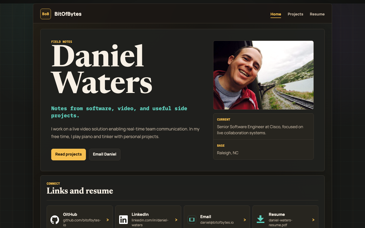 The BitOfBytes home page using the Field Notebook design system.