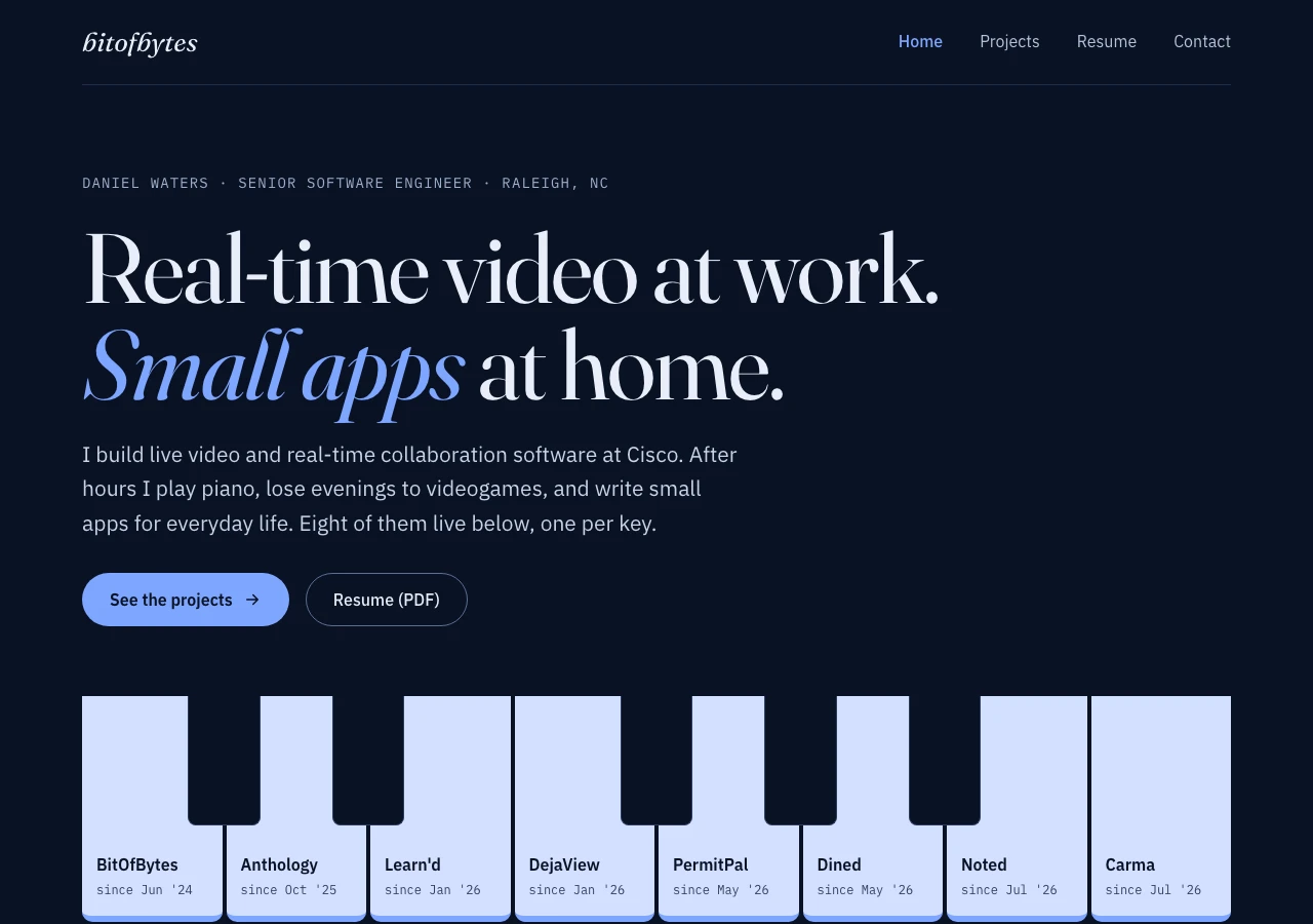The BitOfBytes home page in the Nocturne design, with the statement hero above the playable piano octave.
