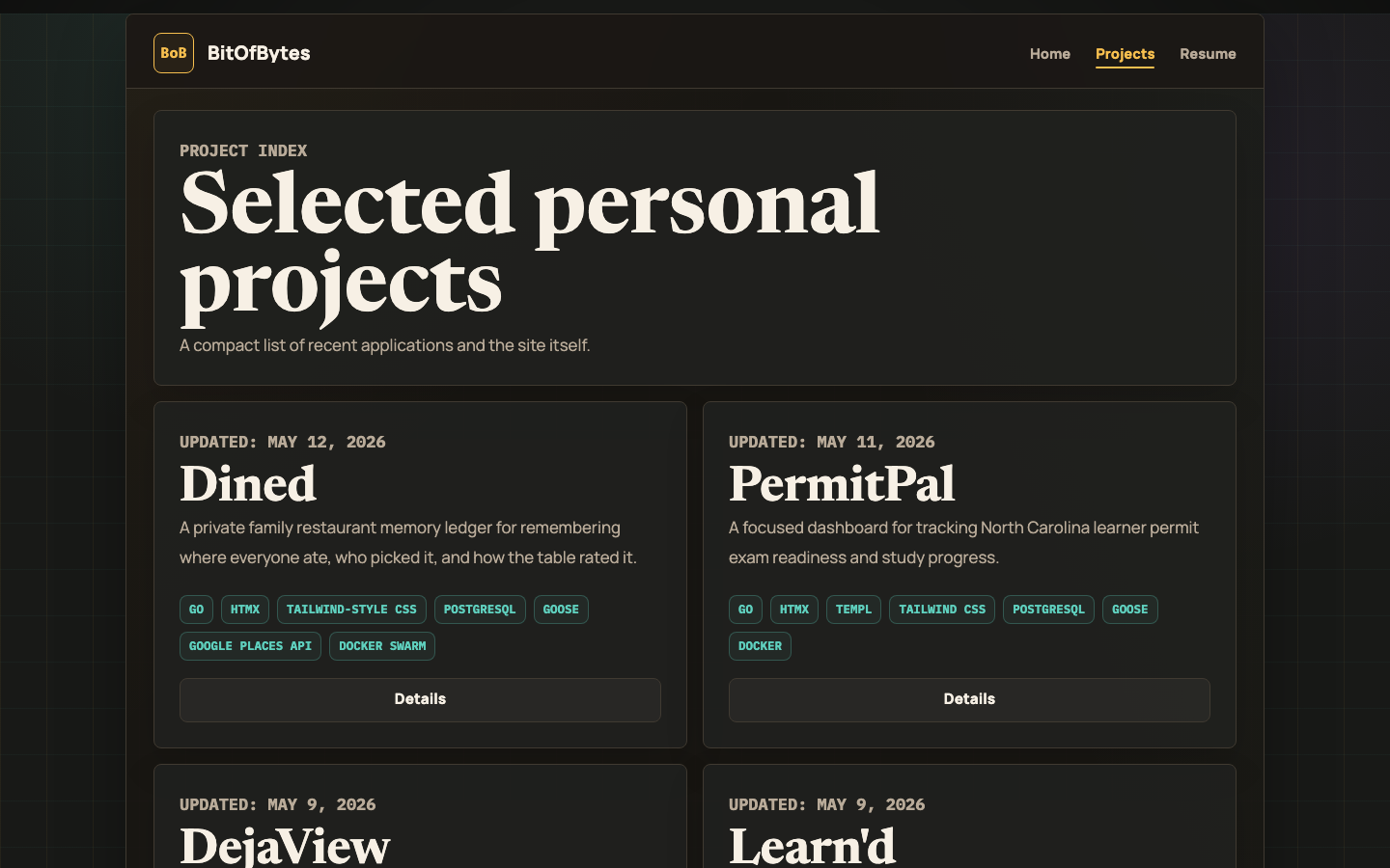 The rebuilt BitOfBytes projects index page.