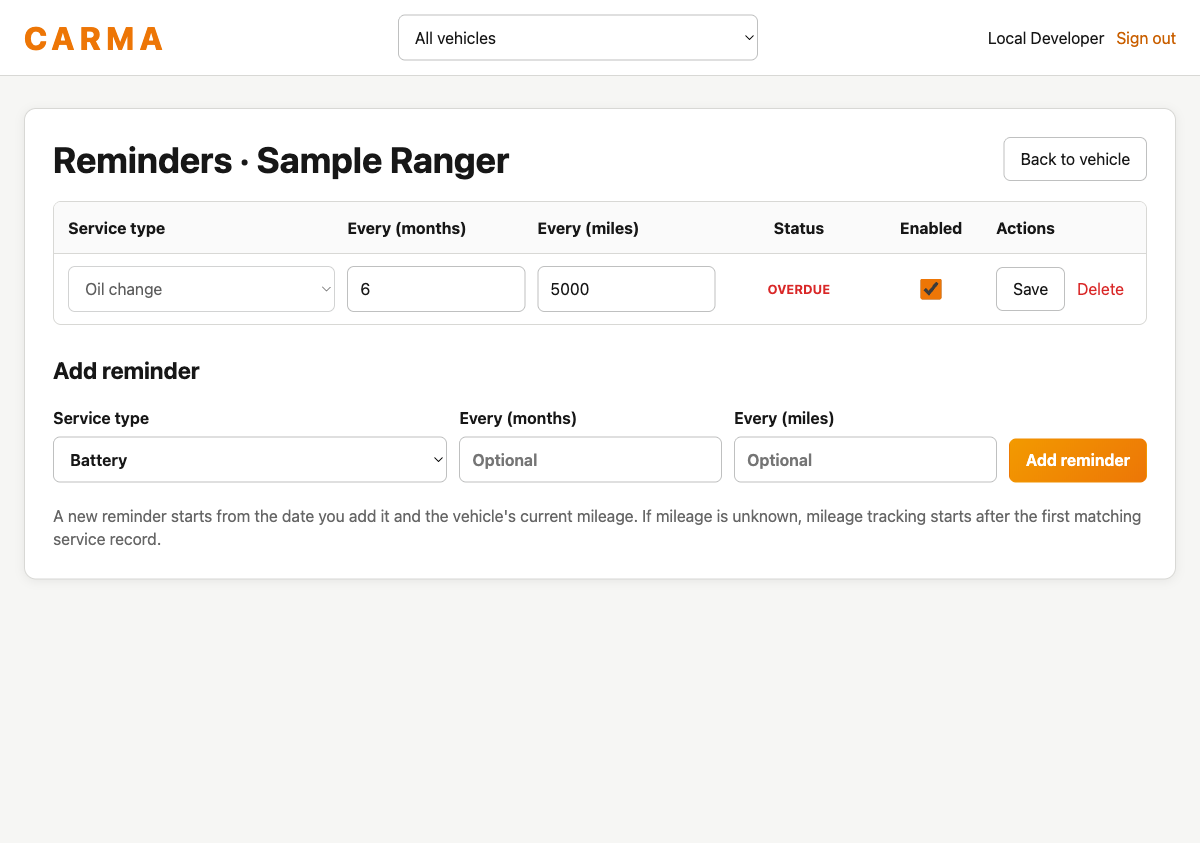 Carma local reminder settings for a sample Ranger, showing an overdue oil-change interval.