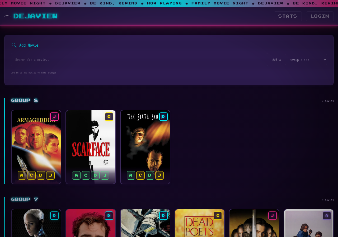 DejaView public movie collection screen grouped by family movie night lists.