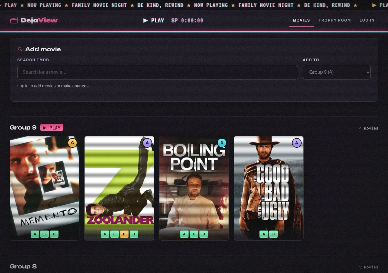 DejaView public movie collection in the Late Show design, posters grouped by family movie night lists.