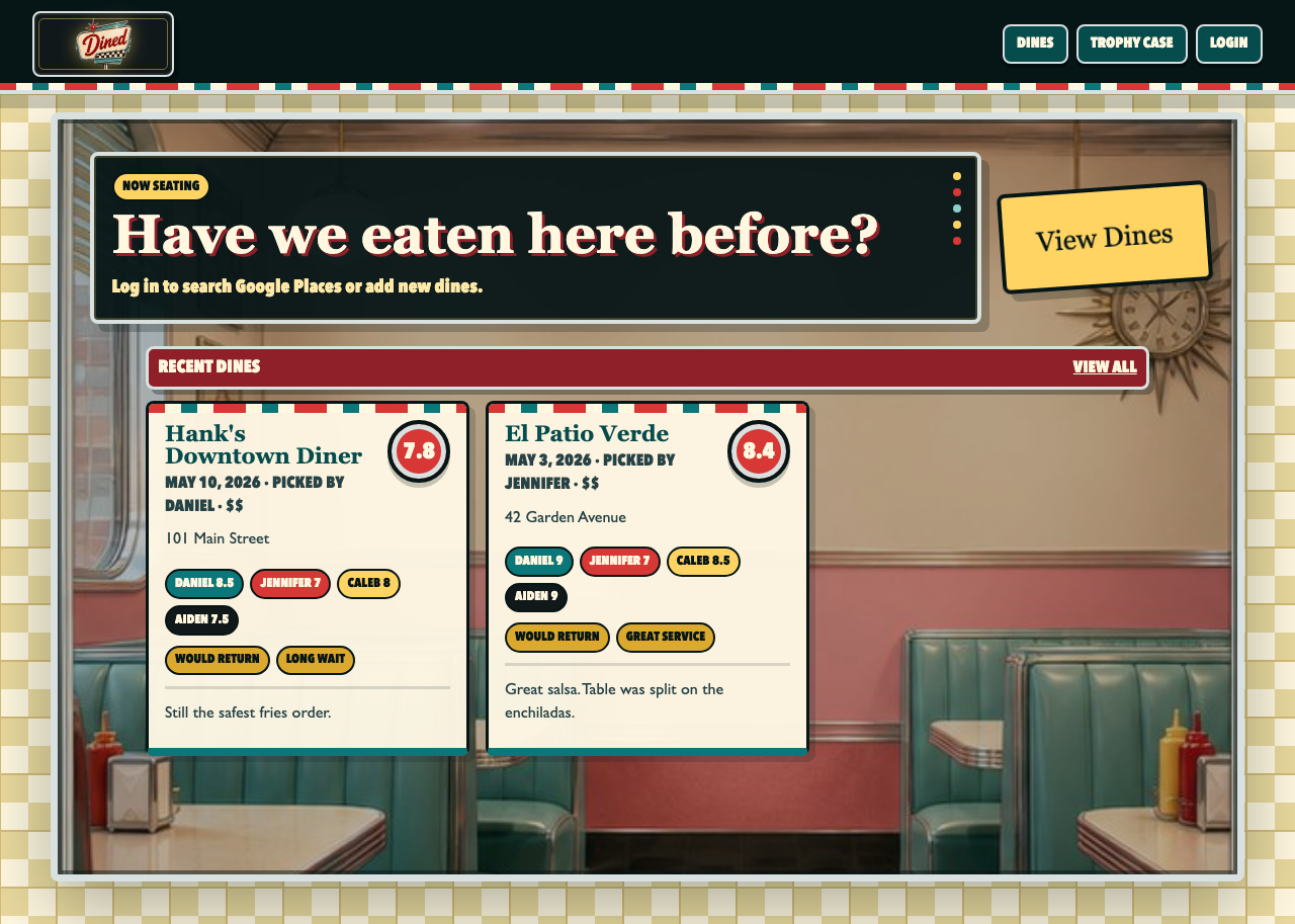 Dined home screen with a retro diner booth scene and recent dine cards.