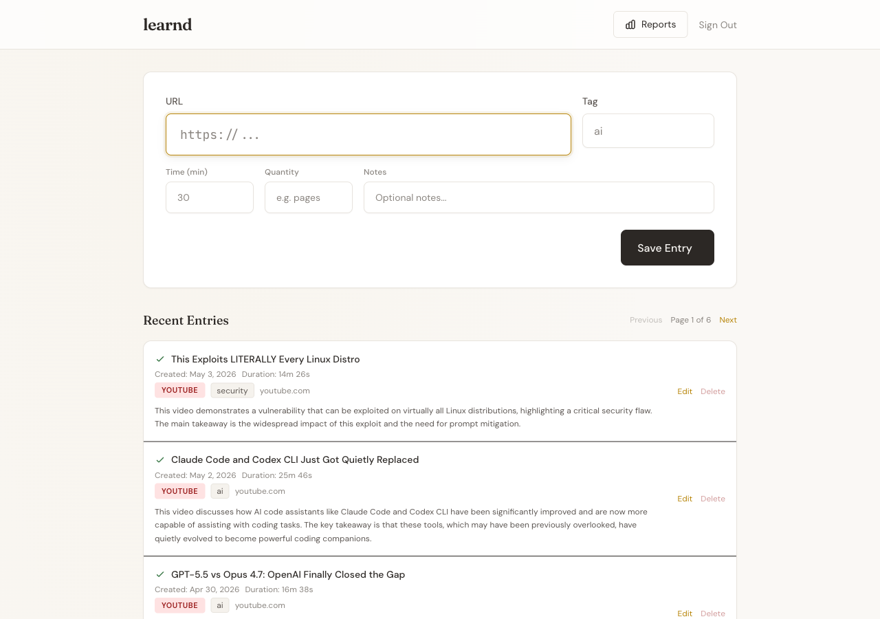 Learn'd resource journal with a capture form and recent learning entries.