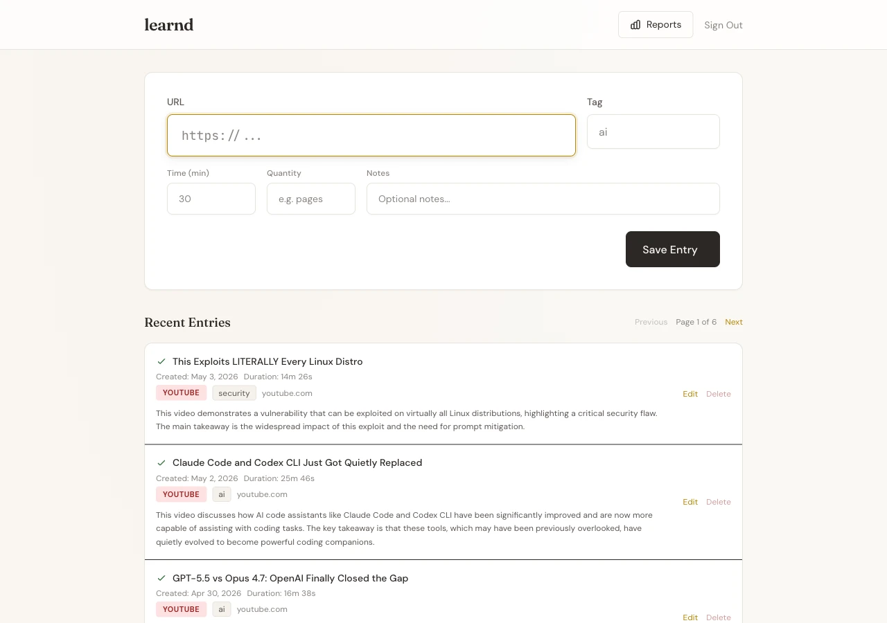 Learn'd resource journal with a capture form and recent learning entries.