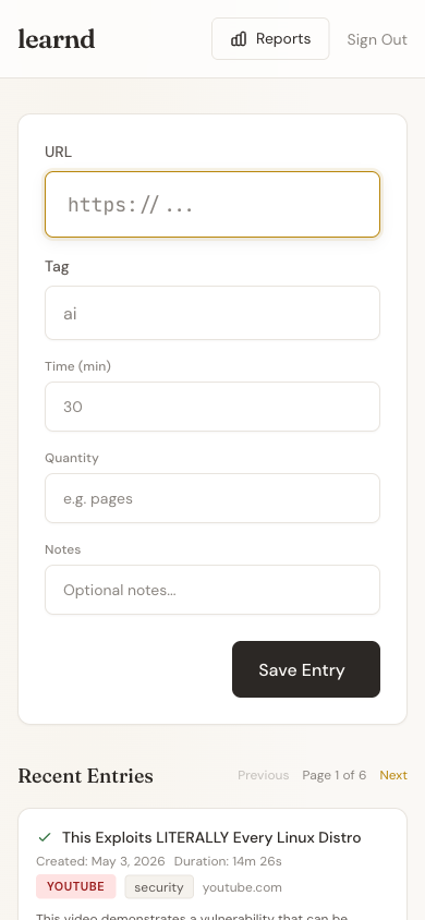 Learn'd mobile view showing the resource capture form and recent entries.
