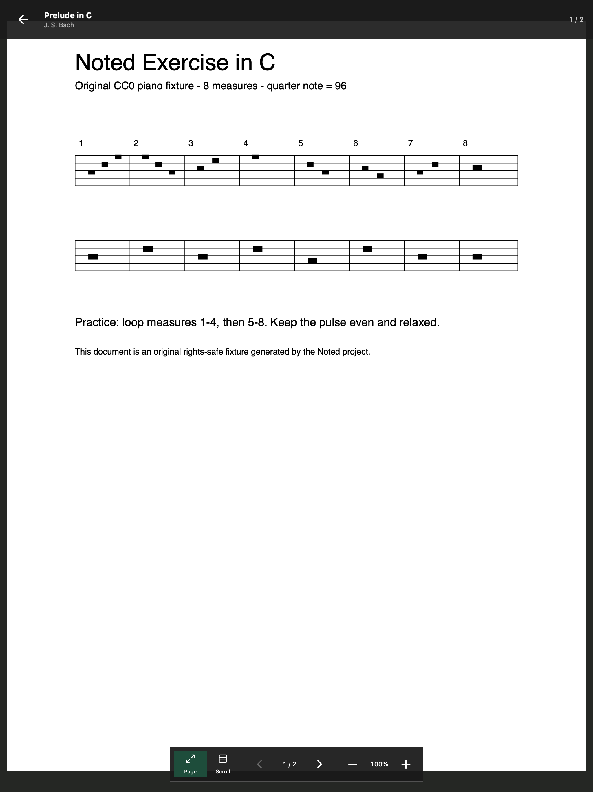 Noted local iPad-sized reader showing a score page and page-reading controls.