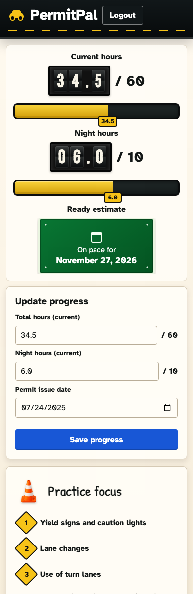 PermitPal dashboard captured at a mobile viewport.