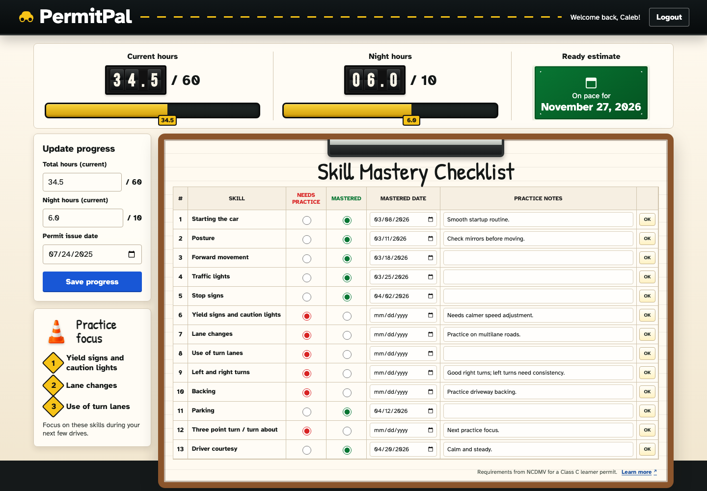 PermitPal local dashboard with progress meters and a skill mastery checklist.